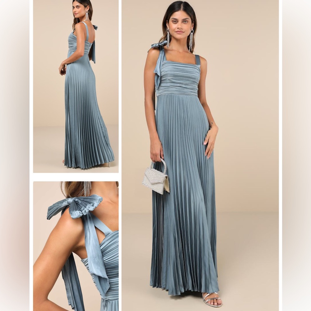 Lulus Gorgeous Purpose Slate Satin Pleated Sleeveless Bow Maxi Dress Size Medium